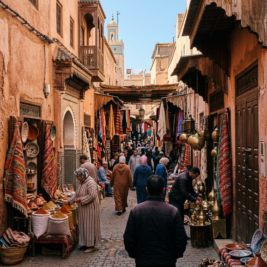 Moroccan souk with handmade rugs, spices and cooperative goods